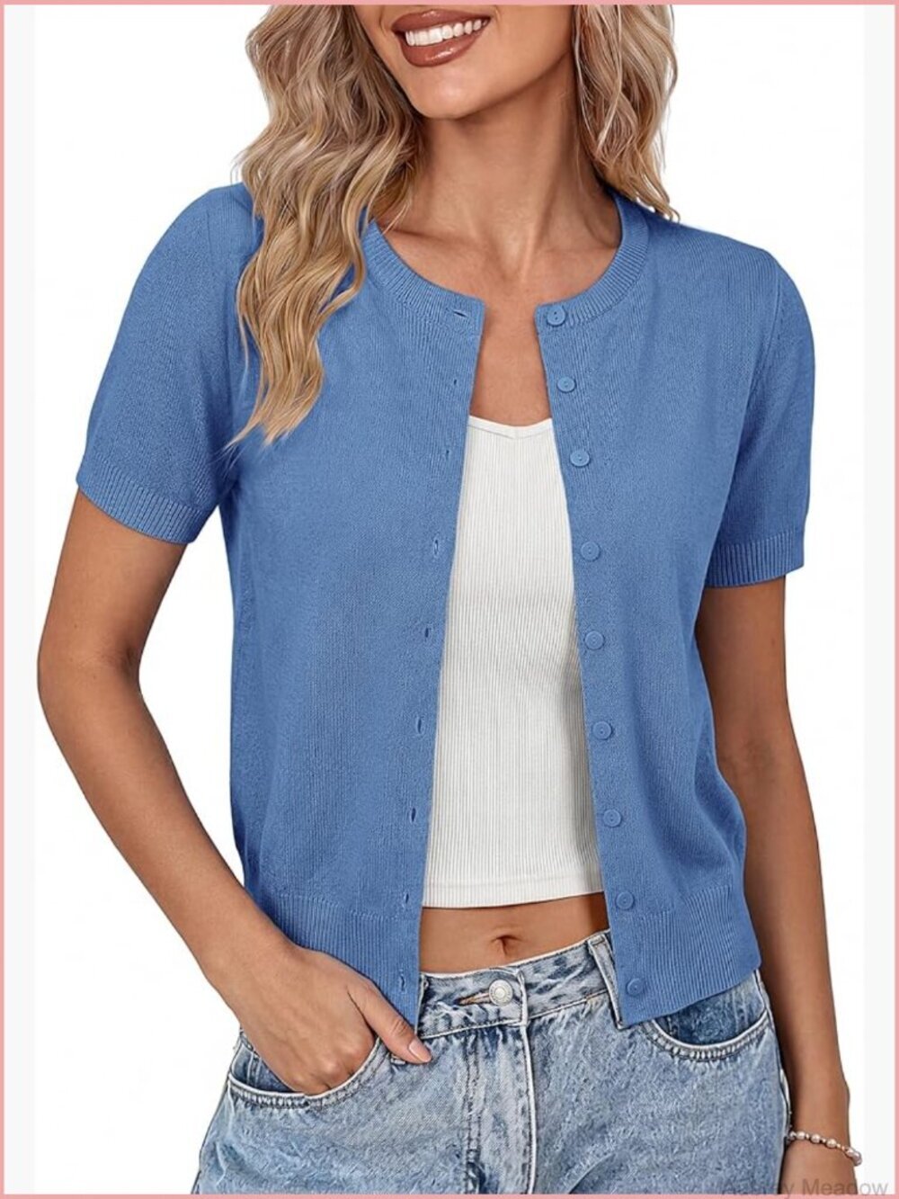 Short Sleeve Cardigan Summer Button Up Sweater Lightweight Crew Neck